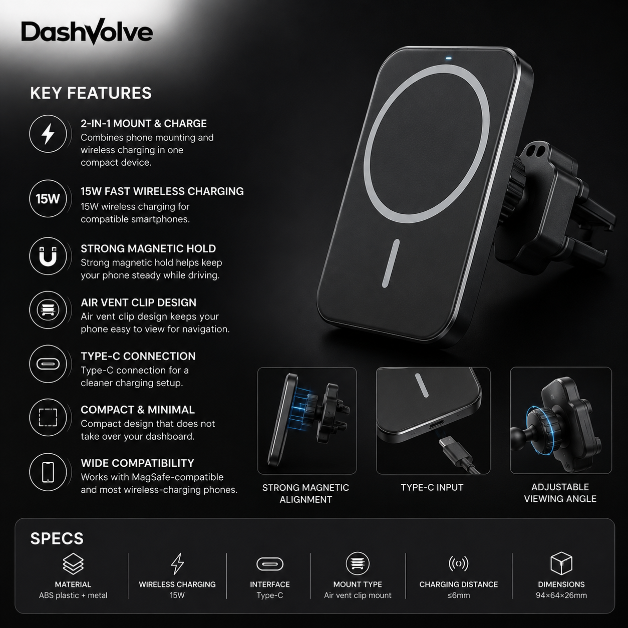 DashVolve Magnetic Car Phone Mount Charger