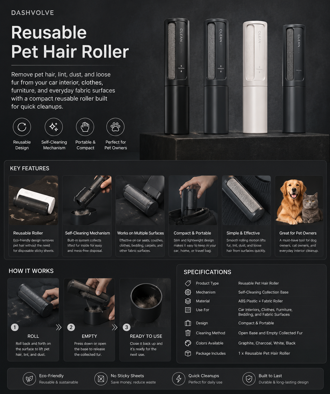 DashVolve Reusable Pet Hair Roller